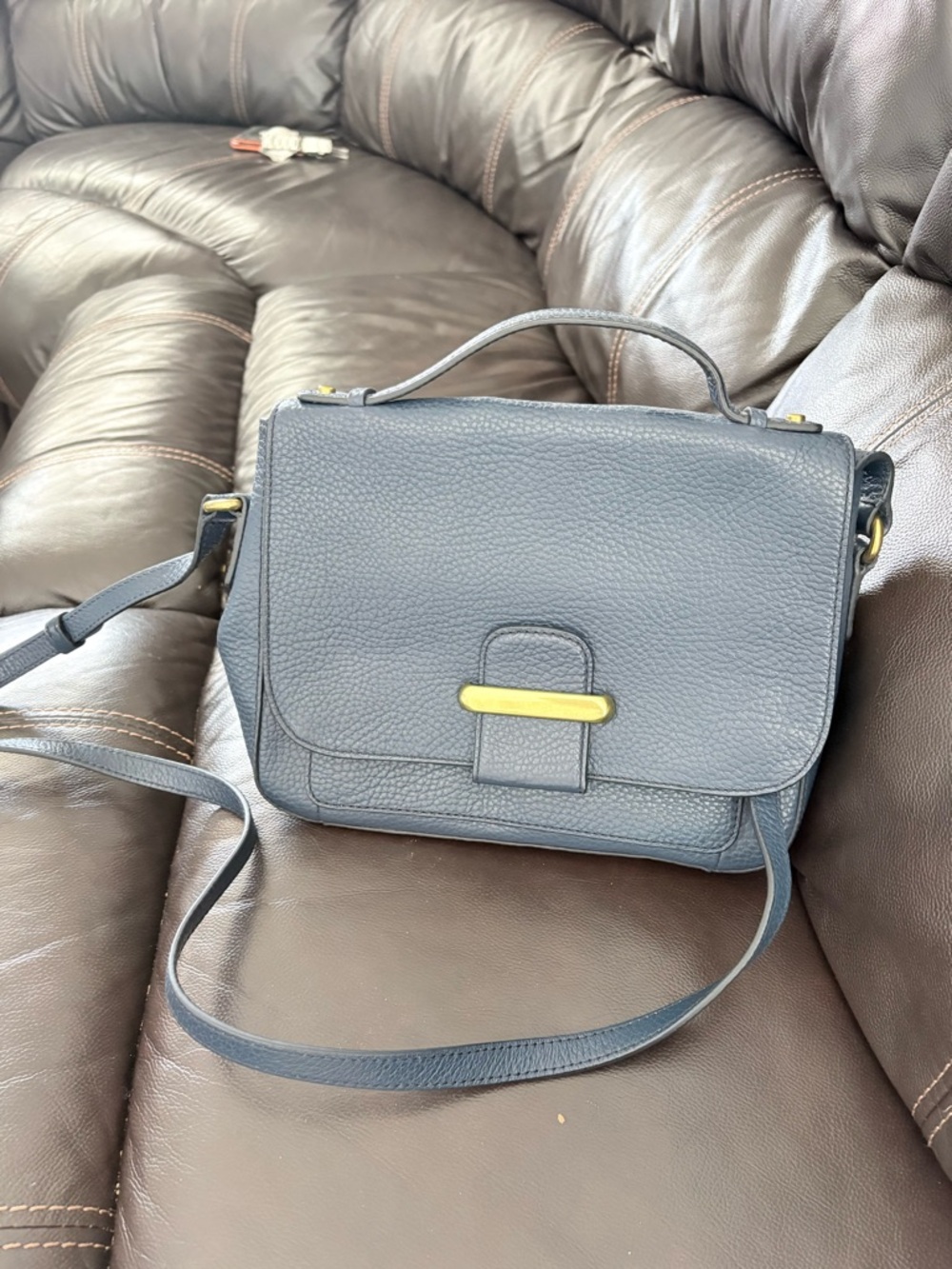 Fossil Navy Pebbled Leather Crossbody Satchel with Gold Accent